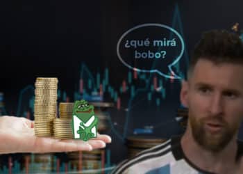mano ofreciendo monedas con logo de PEPE junto a Lionel Messi con graficos de precio en alza en el fondo