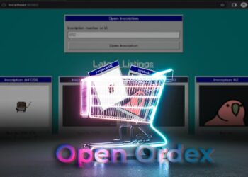 carrito de mercado digital con tarjetas de nft dentro con interfaz de Open Ordex en el fondo