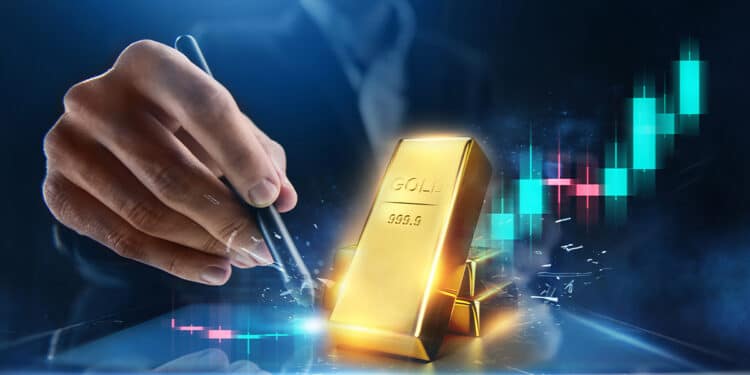 lingotes de oro sobre tablet con grafico de precio alcista y trader en el fondo