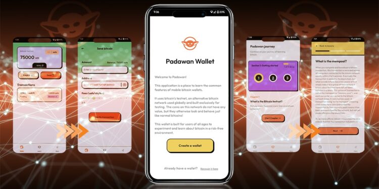 Padawan Wallet en teléfono móvil indica los pasos para aprender sobre bitcoin
