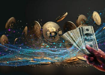 persona ofreciendo dolares a red digital con monedas de bitcoin en movimiento en el fondo