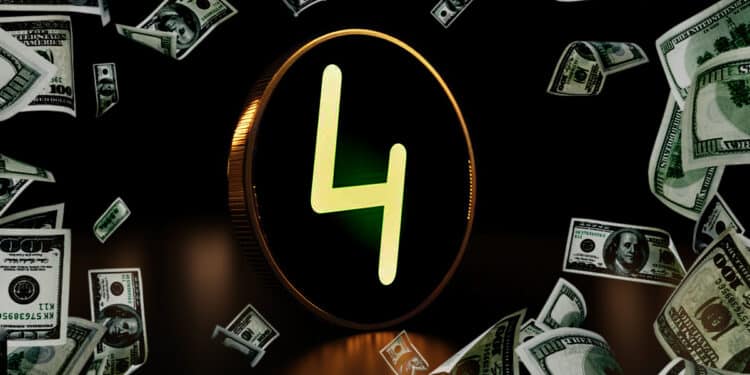 billetes de dolares con moneda de fourcoin en el fondo