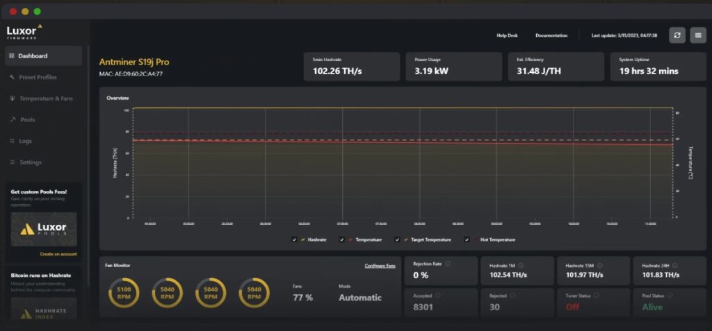 panel de control de luxos para un equipo de minería Antminer S19j Pro