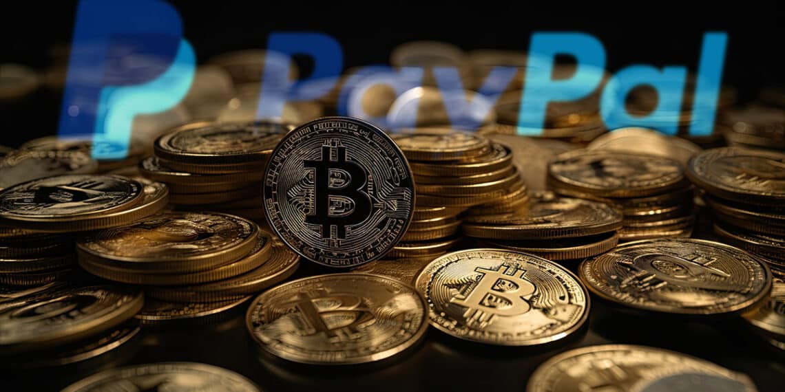 monedas de bitcoin apiladas con logo de paypal en el fondo