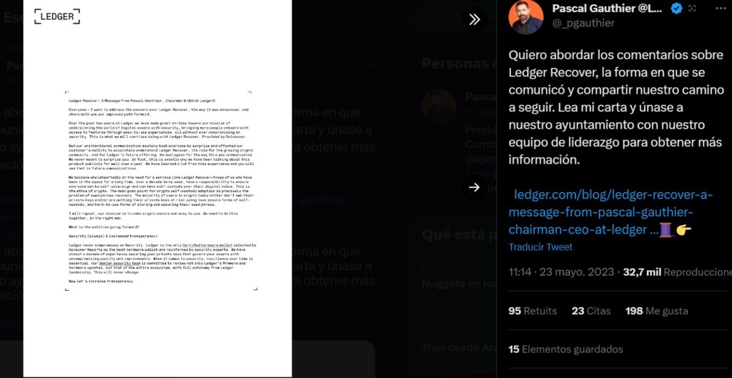 mensaje de Pascal Gauthier sobre Ledger Recover