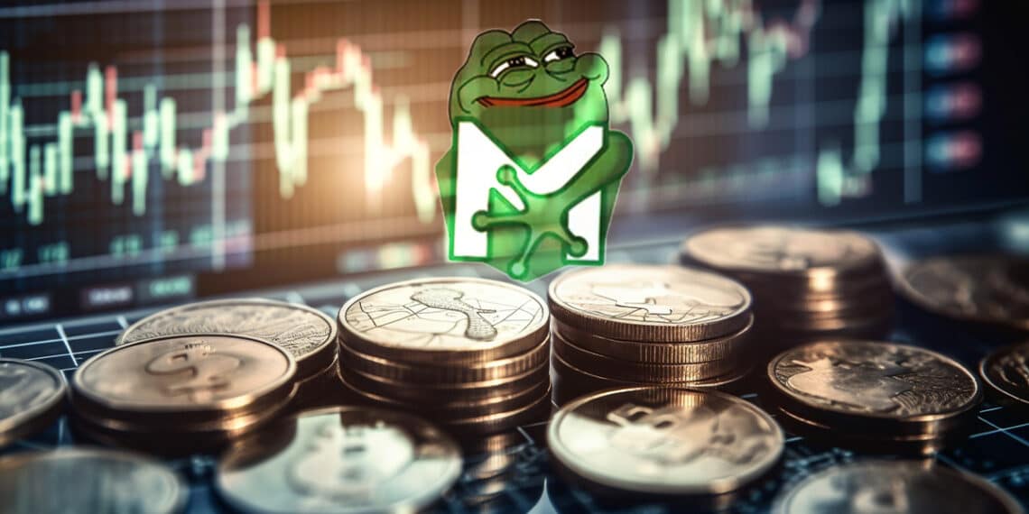 logo de PEPE entre monedas apiladas en mesa con grafico de precio en el fondo