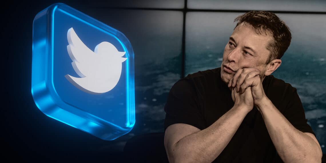 logo de twitter en placa de cristal azul junto a elon musk