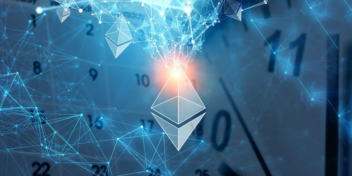 logo de ethereum entre redes digitales con calendario y reloj en el fondo