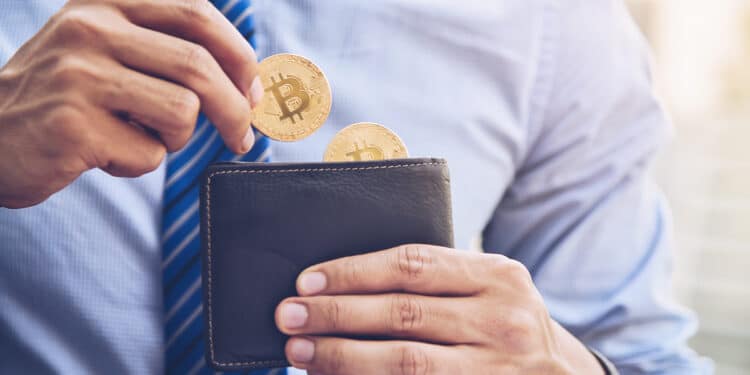 persona colocando monedas de bitcoin en billetera