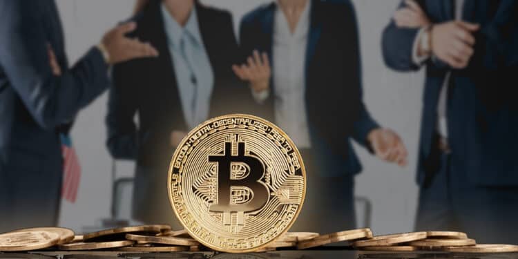 moneda de bitcoin con politicos y reguladores discutiendo en el fondo