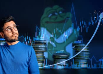 persona mostrando duda con monedas grafico crecientes y logo de PEPE en el fondo