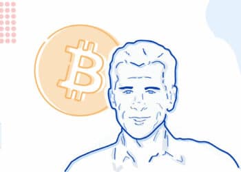 retrato ilustrado de Hall finney con moneda de bitcoin en el fondo