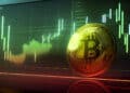 moneda de bitcoin sobre linea de soporte con grafico de precio en el fondo y gradiente de verda a rojo