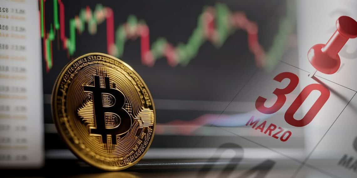 moneda de bitcoin con pantalla con grfico de precio en el fondo junto a 30 de marzo marcado en calendario