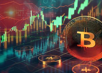 moneda de bitcoin sobre superficie con graficos de precio en el fondo