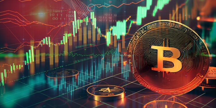 moneda de bitcoin sobre superficie con graficos de precio en el fondo
