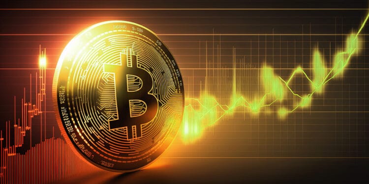 moneda de bitcoin con grafico de precio y lineas en el fondo