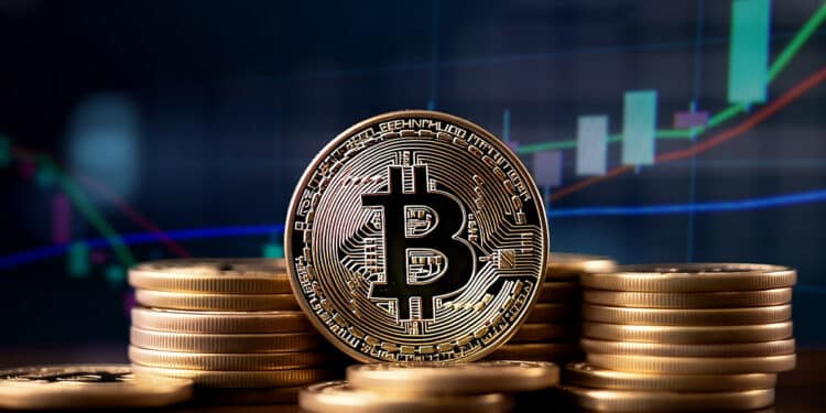 moneda de bitcoin entre monedas apiladas con grafico de precio ascendente en el fondo