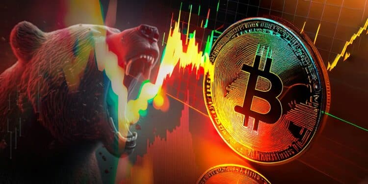 oso rugiendo junto a moneda de bitcoin con grafico de precio creciente
