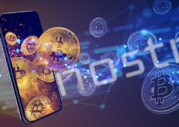 monedas de bitcoin saliendo de telefono movil hacia red digital con logo de Nostr y bitcoins digitales