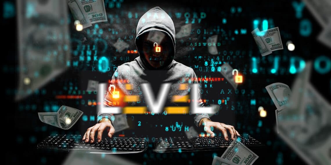 hacker con codigo y logo de Level Finance con billetes de dolares cayendo alrededor