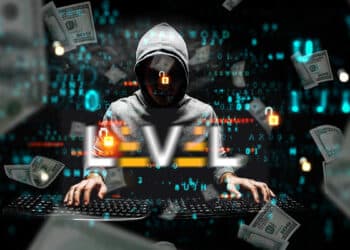 hacker con codigo y logo de Level Finance con billetes de dolares cayendo alrededor