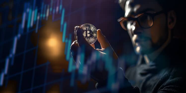 hombre sosteniendo moneda de bitcoin detrás de grafico de precios