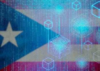 Bandera de Puerto Rico y blockchain.