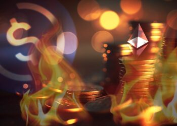 logo de ethereum sobre monedas apiladas dentro de fuego con logo de USDC en el fondo