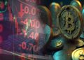 moneda de bitcoin entre criptomonedas junto a grafico de crisis con bancos en el fondo