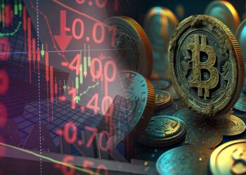 moneda de bitcoin entre criptomonedas junto a grafico de crisis con bancos en el fondo