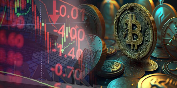 moneda de bitcoin entre criptomonedas junto a grafico de crisis con bancos en el fondo