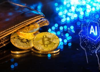 monedas de bitcoin en billetera fisica junto a inteligencia artificial