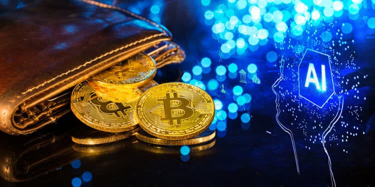 monedas de bitcoin en billetera fisica junto a inteligencia artificial