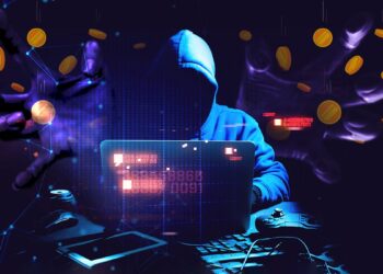 hacker en computadora rodeado por monedas cayendo con manos atrapandolas desde el fondo