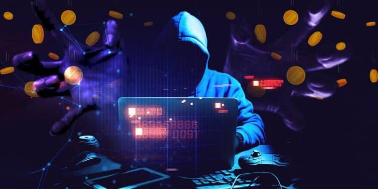 hacker en computadora rodeado por monedas cayendo con manos atrapandolas desde el fondo