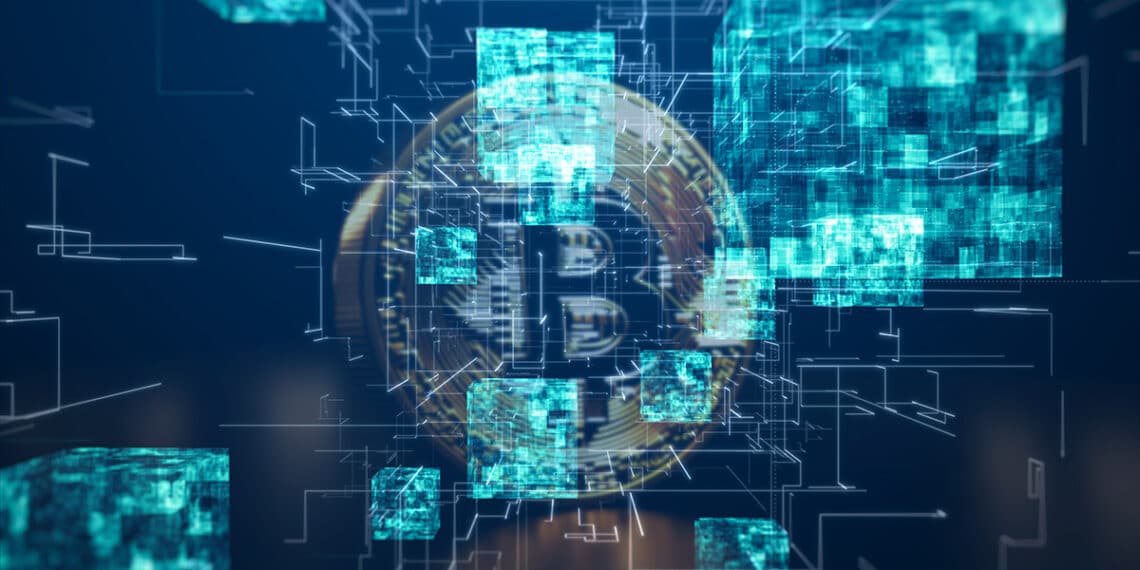 bloques digitales conectados en red con moneda de bitcoin en el fondo