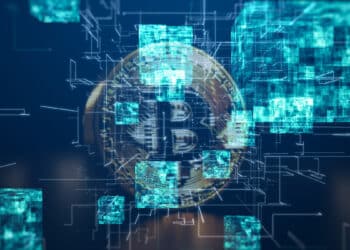 bloques digitales conectados en red con moneda de bitcoin en el fondo