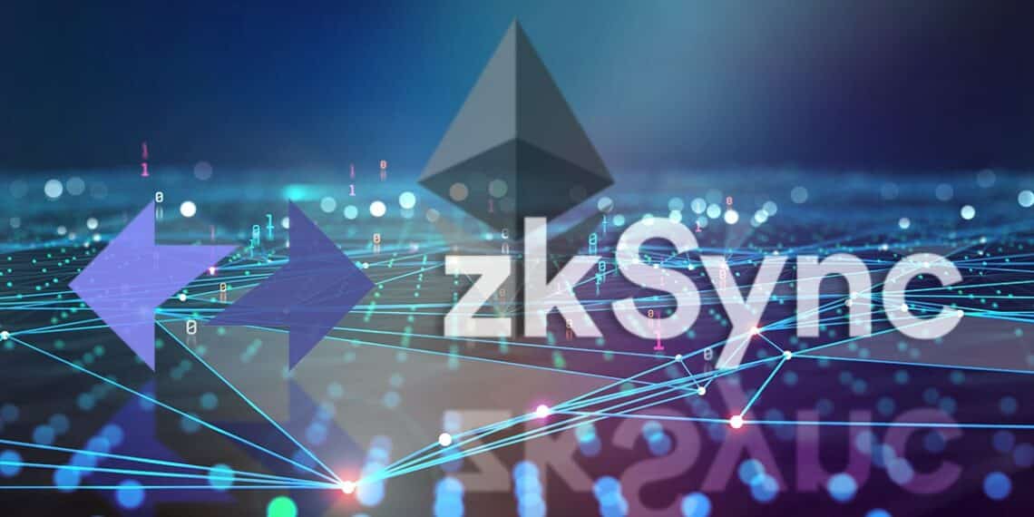 logo de ZKSync sobre red digital con logo de ethereum en el fondo