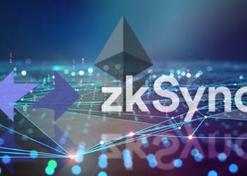 logo de ZKSync sobre red digital con logo de ethereum en el fondo