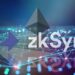 logo de ZKSync sobre red digital con logo de ethereum en el fondo