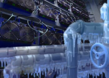 tubos de refrigeracion congelados con mineros asic en granja minera de criptomonedas en el fondo