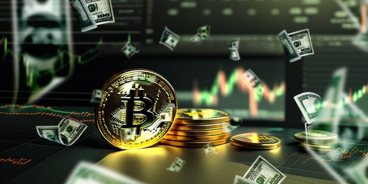 billetes de dolares cayendo con moneda de bitcoin junto a monedas apiladas sobre mesa con graficos de mercado en el fondo