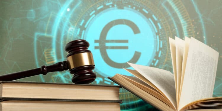 escritorio legal con martillo de juez y libros de regulaciones con euro digital en el fondo