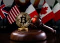 moneda de bitcoin junto a martillo de juez con logo del GAFI con banderas de los paises miembros del G7 en el fondo