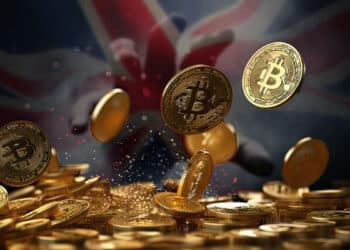 monedas de bitcoin cayendo sobre monedas apiladas con mano fantasmal acechando con bandera de reino unido en el fondo