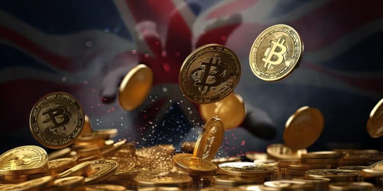 monedas de bitcoin cayendo sobre monedas apiladas con mano fantasmal acechando con bandera de reino unido en el fondo