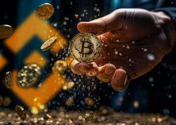 mano sujetando moneda de bitcoin con monedas cayendao y logo de Binance en el fondo