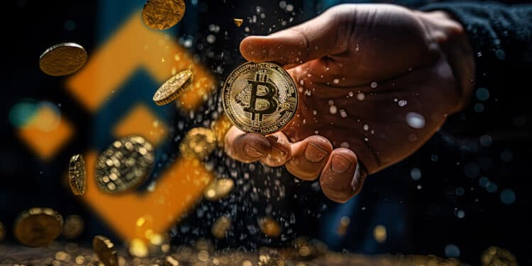mano sujetando moneda de bitcoin con monedas cayendao y logo de Binance en el fondo