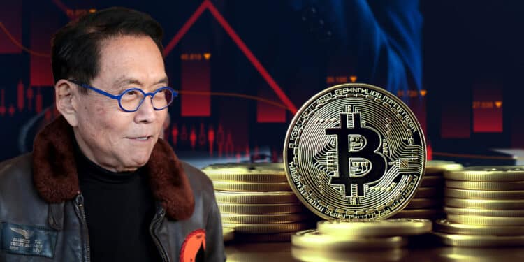 Robert Kiyosaki observando moneda de bitcoin entre monedas apiladas con grafico decreciente en el fondo